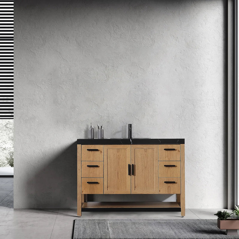 Winchester 6 Drawers And 2 Doors Bathroom Vanity with Black Quartz Sink - Floor Mount - 48" Wood/Pecan Oak