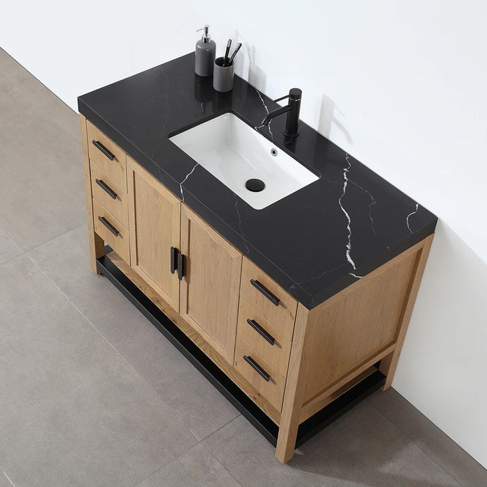 Winchester 6 Drawers And 2 Doors Bathroom Vanity with Black Quartz Sink - Floor Mount - 48" Wood/Pecan Oak