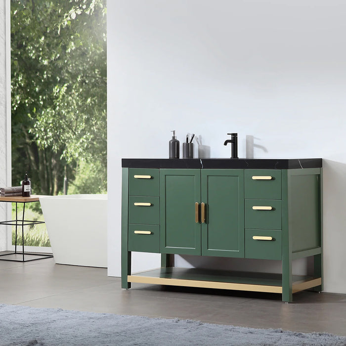 Winchester 6 Drawers And 2 Doors Bathroom Vanity with Black Quartz Sink - Floor Mount - 48" Wood/Forest Green