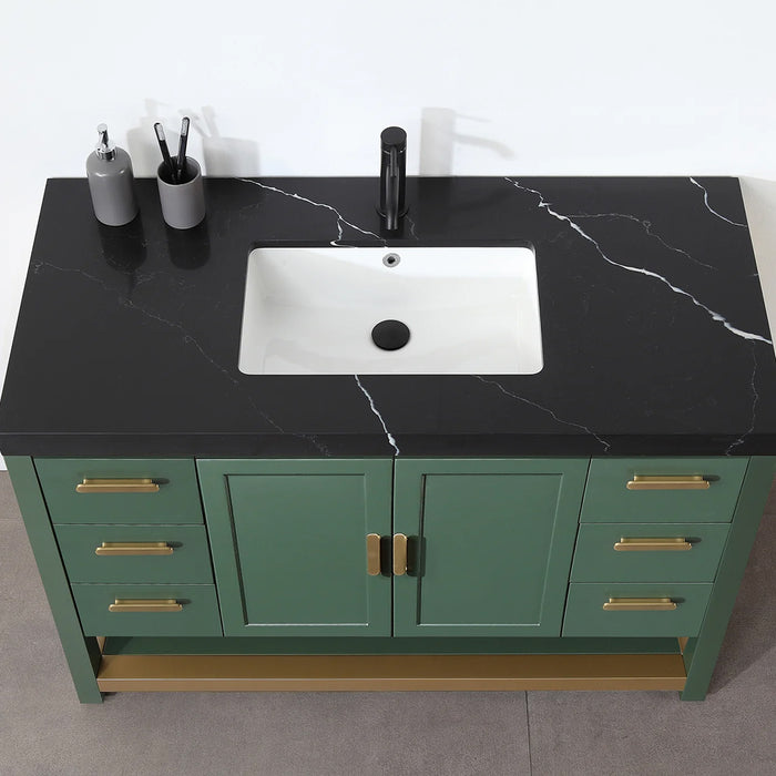 Winchester 6 Drawers And 2 Doors Bathroom Vanity with Black Quartz Sink - Floor Mount - 48" Wood/Forest Green