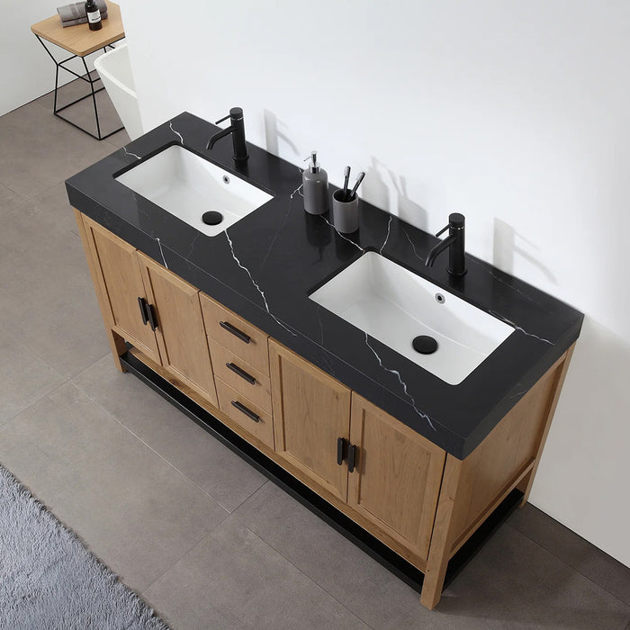 Winchester 3 Drawers And 4 Doors Bathroom Vanity with Black Quartz Sink - Floor Mount - 60" Wood/Pecan Oak