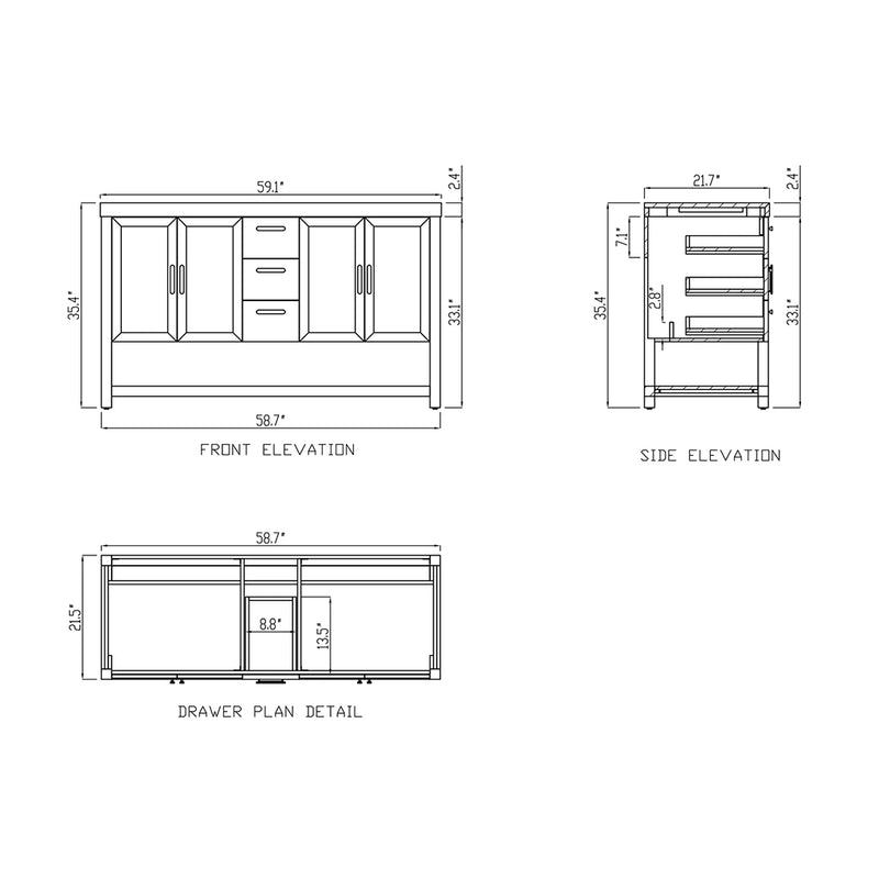 Winchester 3 Drawers And 4 Doors Bathroom Vanity with Black Quartz Sink - Floor Mount - 60" Wood/Pecan Oak