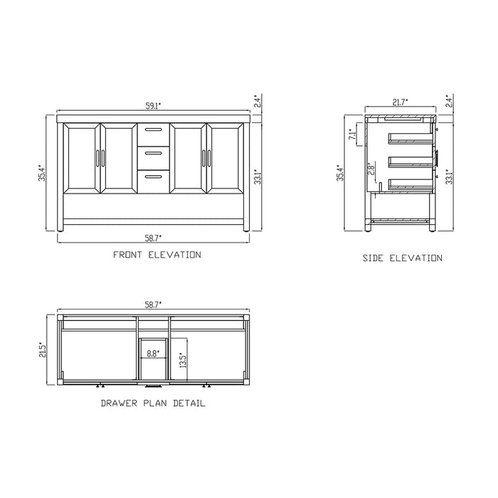 Winchester 3 Drawers And 4 Doors Bathroom Vanity with Black Quartz Sink - Floor Mount - 60" Wood/Pecan Oak