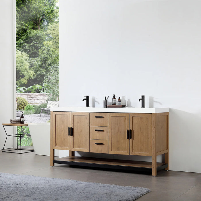 Winchester 3 Drawers And 4 Doors Bathroom Vanity with White Quartz Sink - Floor Mount - 60" Wood/Pecan Oak