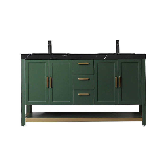 Winchester 3 Drawers And 4 Doors Bathroom Vanity with Black Quartz Sink - Floor Mount - 60" Wood/Forest Green