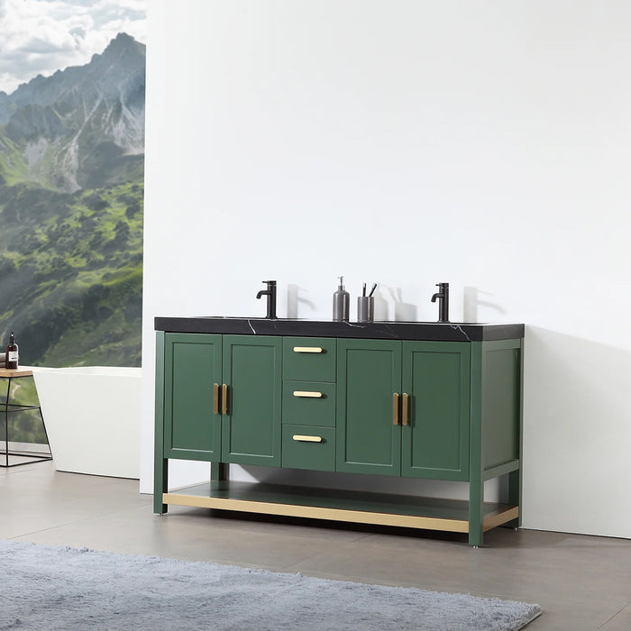 Winchester 3 Drawers And 4 Doors Bathroom Vanity with Black Quartz Sink - Floor Mount - 60" Wood/Forest Green