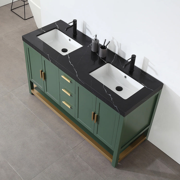 Winchester 3 Drawers And 4 Doors Bathroom Vanity with Black Quartz Sink - Floor Mount - 60" Wood/Forest Green