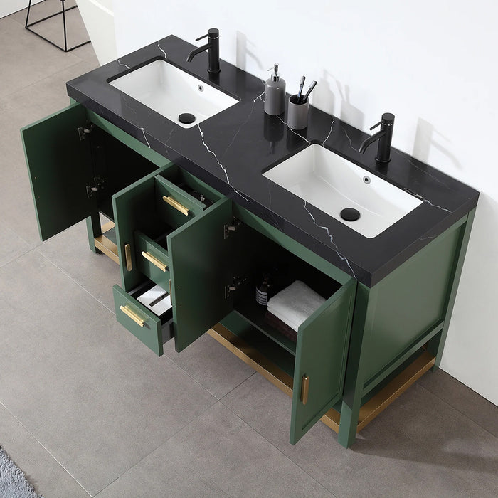 Winchester 3 Drawers And 4 Doors Bathroom Vanity with Black Quartz Sink - Floor Mount - 60" Wood/Forest Green