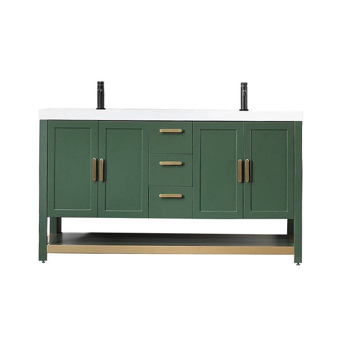 Winchester 3 Drawers And 4 Doors Bathroom Vanity with White Quartz Sink - Floor Mount - 60" Wood/Forest Green