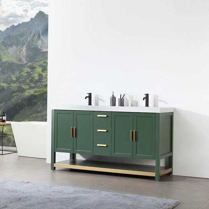 Winchester 3 Drawers And 4 Doors Bathroom Vanity with White Quartz Sink - Floor Mount - 60" Wood/Forest Green