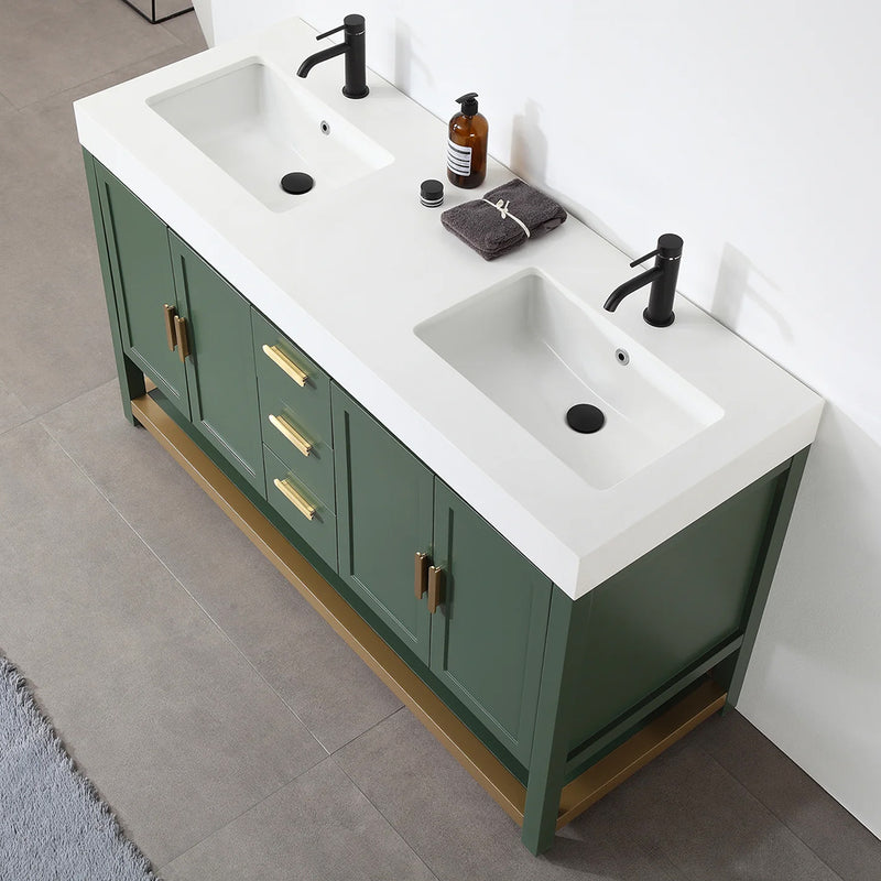 Winchester 3 Drawers And 4 Doors Bathroom Vanity with White Quartz Sink - Floor Mount - 60" Wood/Forest Green