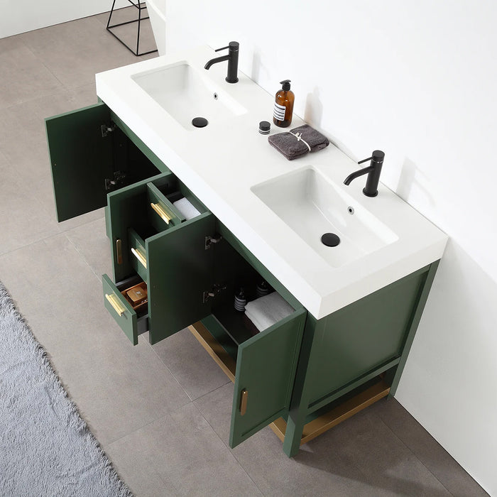 Winchester 3 Drawers And 4 Doors Bathroom Vanity with White Quartz Sink - Floor Mount - 60" Wood/Forest Green