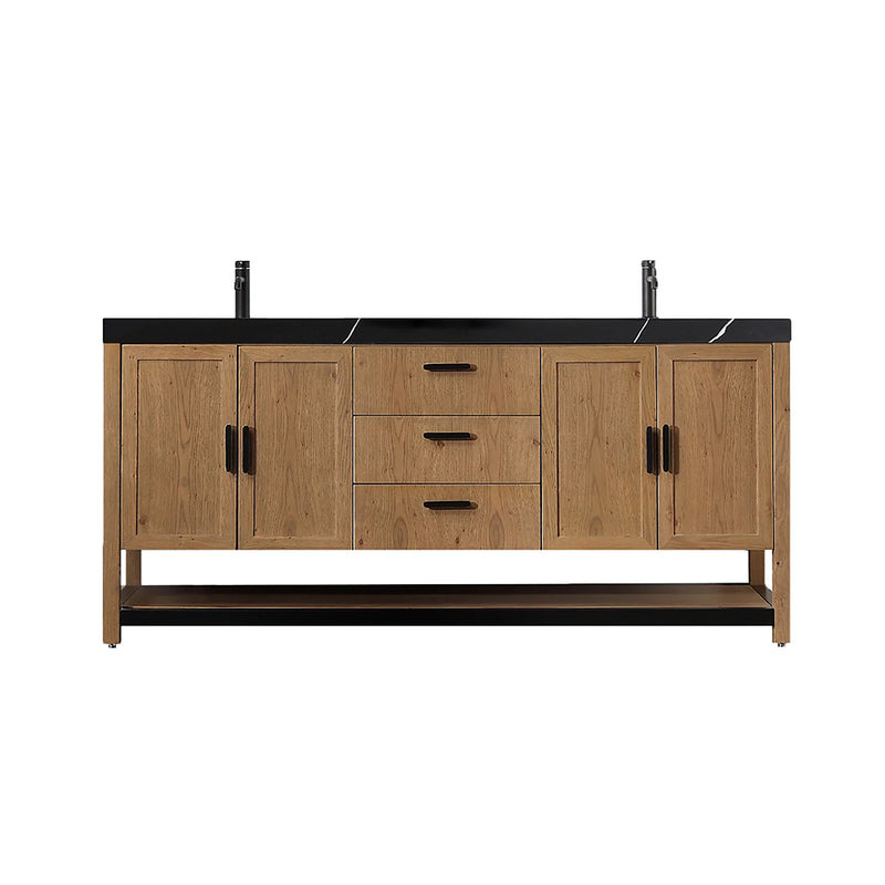Winchester 3 Drawers And 4 Doors Bathroom Vanity with Black Quartz Sink - Floor Mount - 72" Wood/Pecan Oak