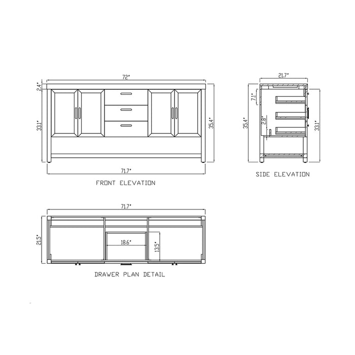 Winchester 3 Drawers And 4 Doors Bathroom Vanity with Black Quartz Sink - Floor Mount - 72" Wood/Pecan Oak