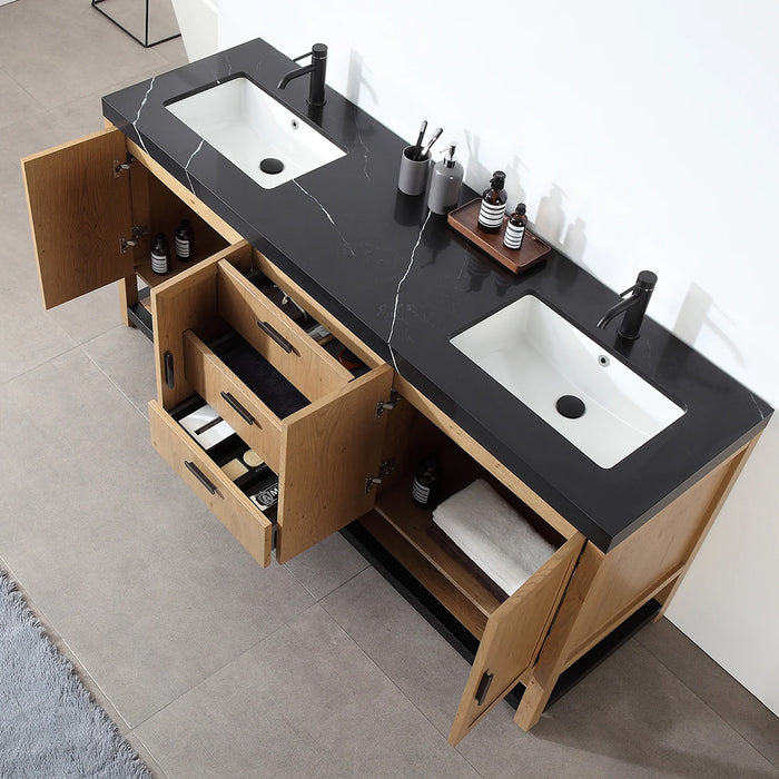 Winchester 3 Drawers And 4 Doors Bathroom Vanity with Black Quartz Sink - Floor Mount - 72" Wood/Pecan Oak