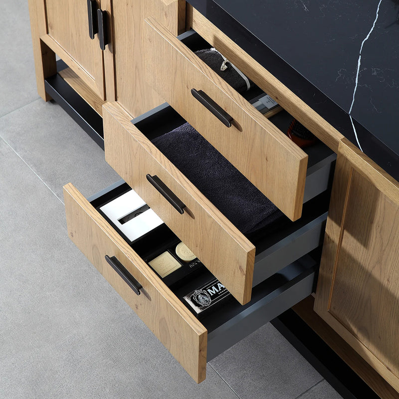 Winchester 3 Drawers And 4 Doors Bathroom Vanity with Black Quartz Sink - Floor Mount - 72" Wood/Pecan Oak