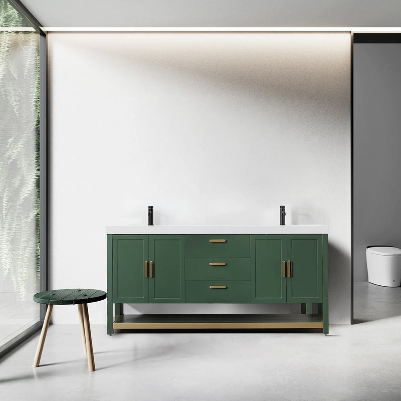 Winchester 3 Drawers And 4 Doors Bathroom Vanity with White Quartz Sink - Floor Mount - 72" Wood/Forest Green