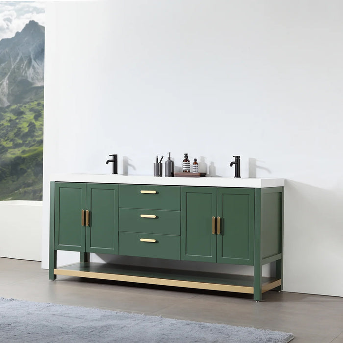 Winchester 3 Drawers And 4 Doors Bathroom Vanity with White Quartz Sink - Floor Mount - 72" Wood/Forest Green