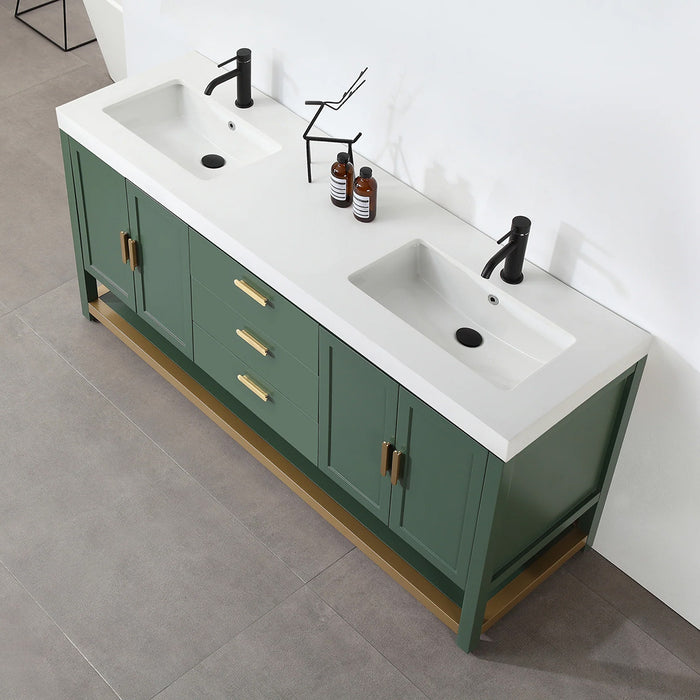 Winchester 3 Drawers And 4 Doors Bathroom Vanity with White Quartz Sink - Floor Mount - 72" Wood/Forest Green