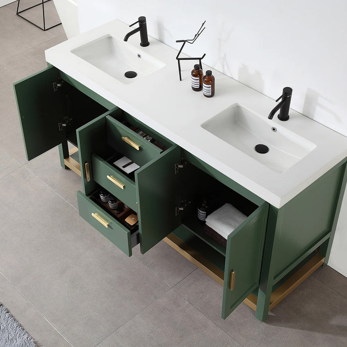 Winchester 3 Drawers And 4 Doors Bathroom Vanity with White Quartz Sink - Floor Mount - 72" Wood/Forest Green