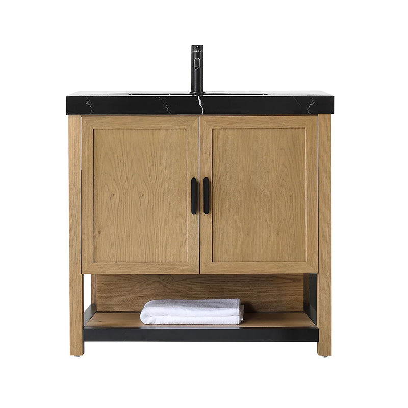 Winchester 2 Doors Bathroom Vanity with Black Quartz Sink - Floor Mount - 36" Wood/Pecan Oak