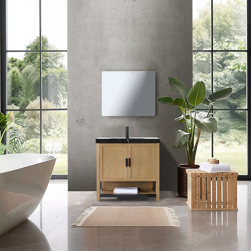 Winchester 2 Doors Bathroom Vanity with Black Quartz Sink - Floor Mount - 36" Wood/Pecan Oak