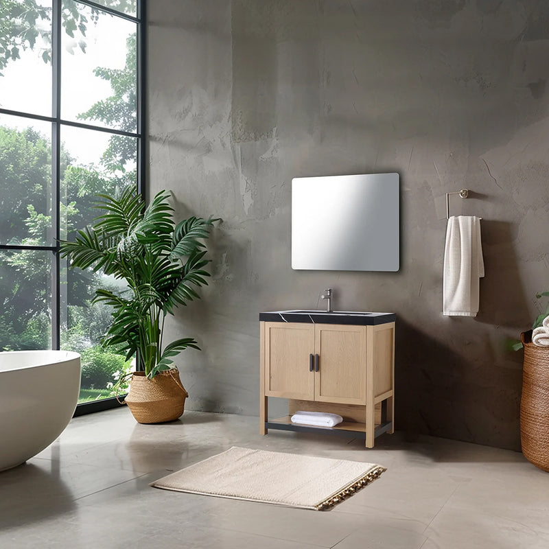 Winchester 2 Doors Bathroom Vanity with Black Quartz Sink - Floor Mount - 36" Wood/Pecan Oak