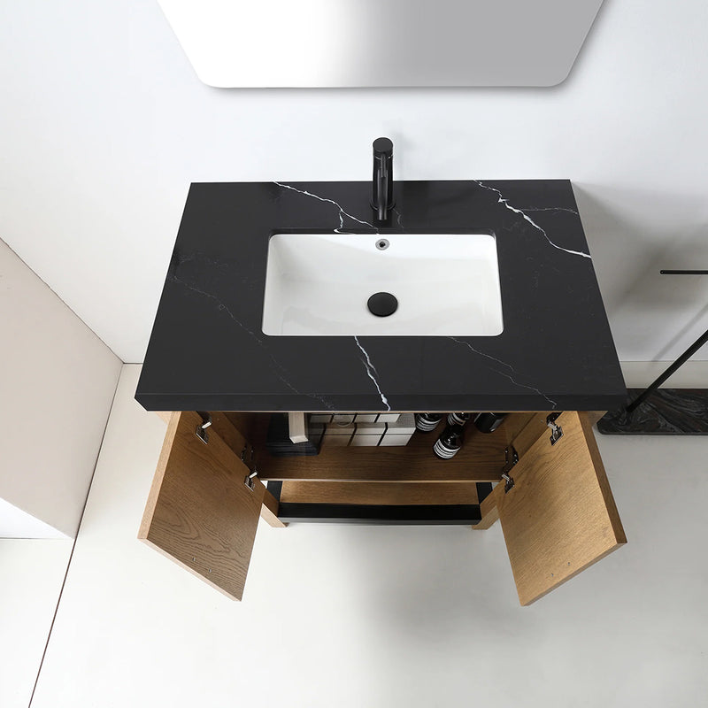 Winchester 2 Doors Bathroom Vanity with Black Quartz Sink - Floor Mount - 36" Wood/Pecan Oak