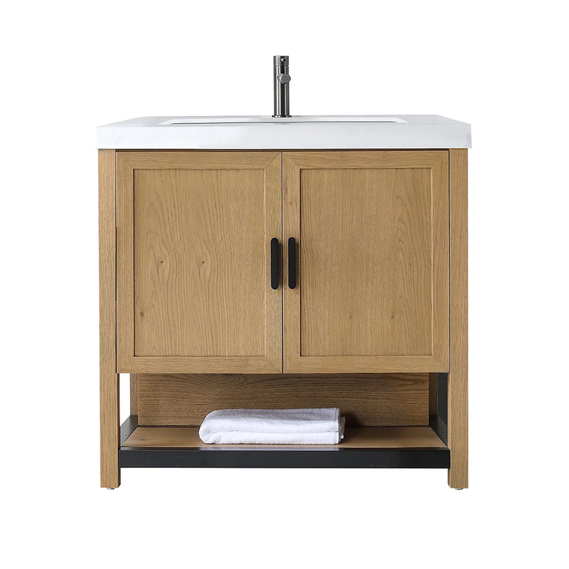 Winchester 2 Doors Bathroom Vanity with White Stone Sink - Floor Mount - 36" Wood/Pecan Oak