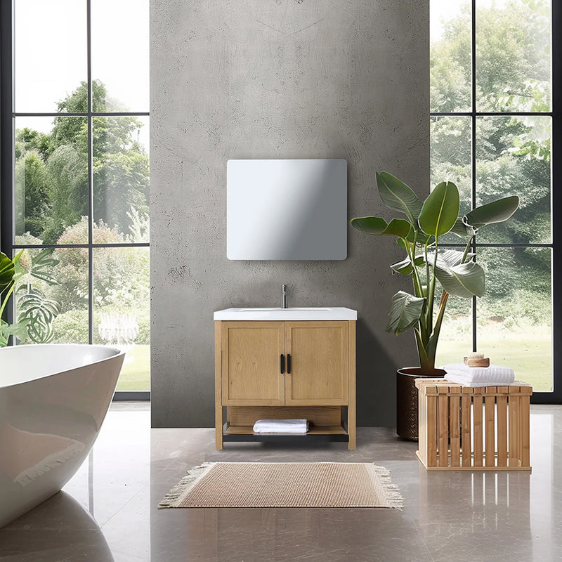 Winchester 2 Doors Bathroom Vanity with White Stone Sink - Floor Mount - 36" Wood/Pecan Oak