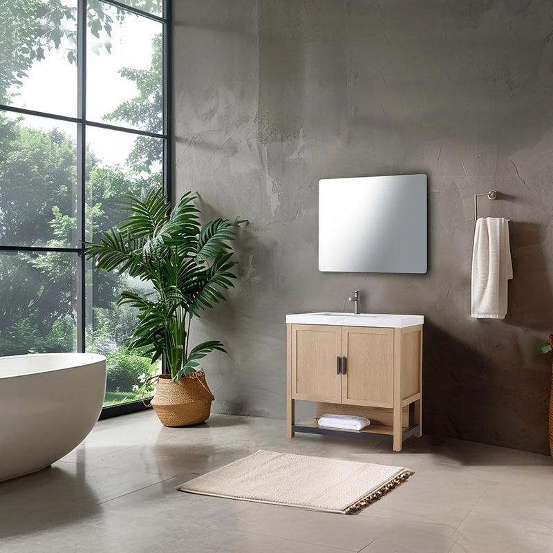 Winchester 2 Doors Bathroom Vanity with White Stone Sink - Floor Mount - 36" Wood/Pecan Oak