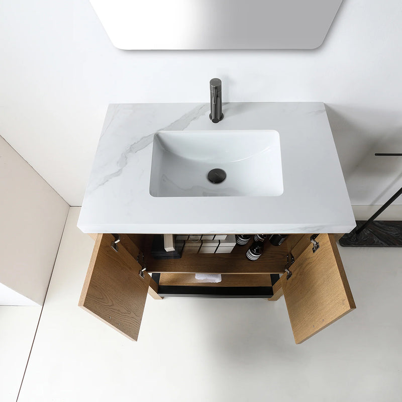 Winchester 2 Doors Bathroom Vanity with White Stone Sink - Floor Mount - 36" Wood/Pecan Oak