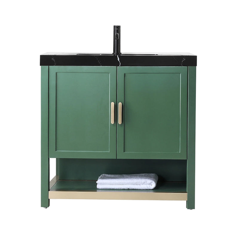 Winchester 2 Doors Bathroom Vanity with Black Quartz Sink - Floor Mount - 36" Wood/Forest Green