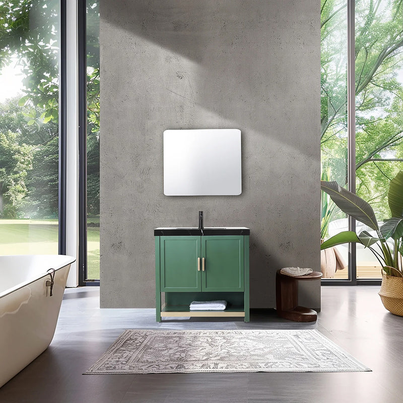 Winchester 2 Doors Bathroom Vanity with Black Quartz Sink - Floor Mount - 36" Wood/Forest Green