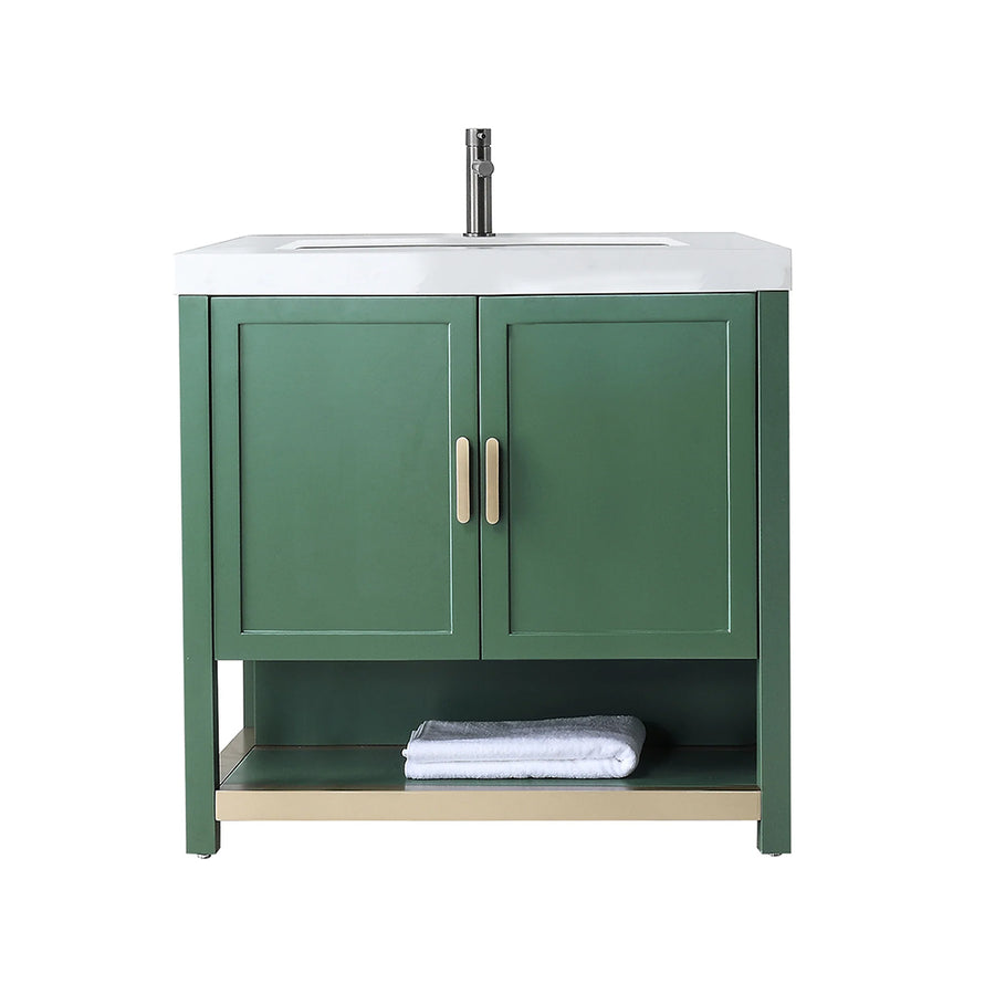 Winchester 2 Doors Bathroom Vanity with White Stone Sink - Floor Mount - 36" Wood/Forest Green