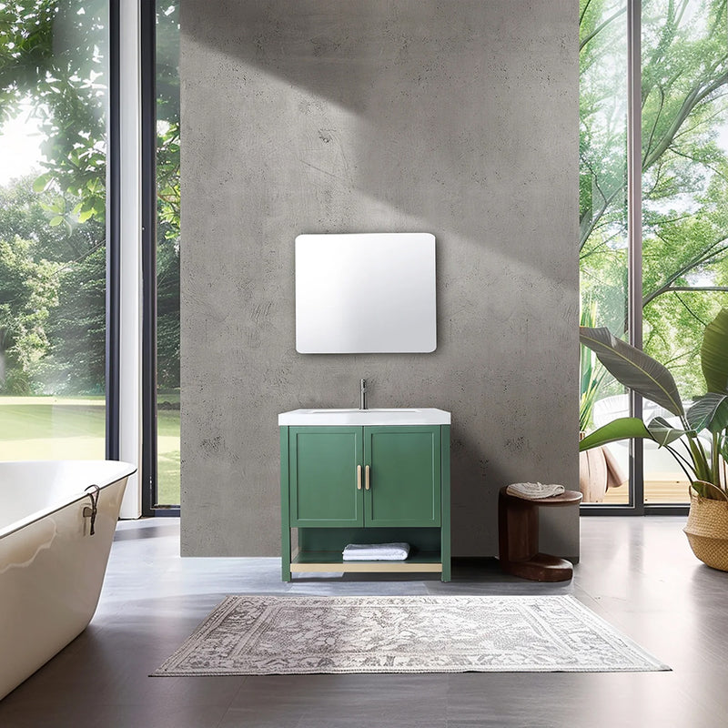 Winchester 2 Doors Bathroom Vanity with White Stone Sink - Floor Mount - 36" Wood/Forest Green