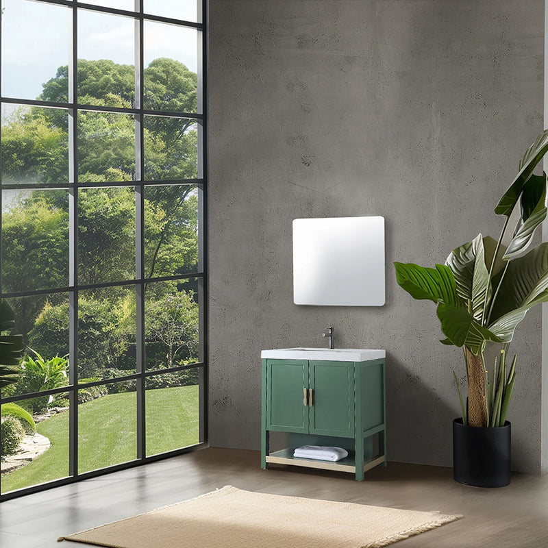 Winchester 2 Doors Bathroom Vanity with White Stone Sink - Floor Mount - 36" Wood/Forest Green