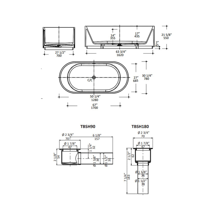 Brio Soaking Bathtub - Free Standing - 67" Solid Surface/Matt White