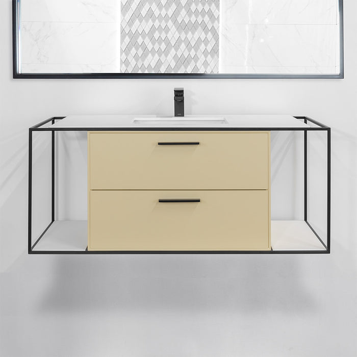 Linea 2 Drawers Premium Bathroom Vanity with Solid Surface Sink - Wall Mount - 48" Wood/Brass/Zest Paint/Matte Black