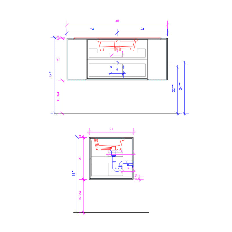 Linea 2 Drawers Premium Bathroom Vanity with Solid Surface Sink - Wall Mount - 48" Wood/Brass/Zest Paint/Matte Black