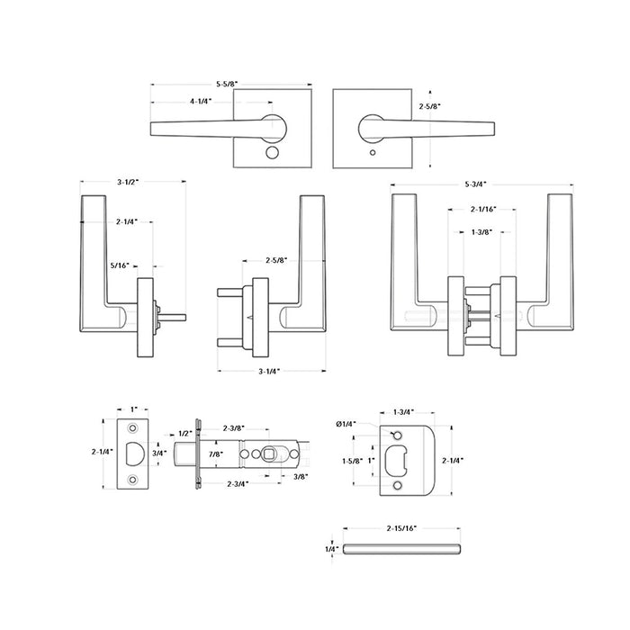 Princeton Square Privacy Door Leverset - Door Mount - 6" Zinc/Polished Chrome