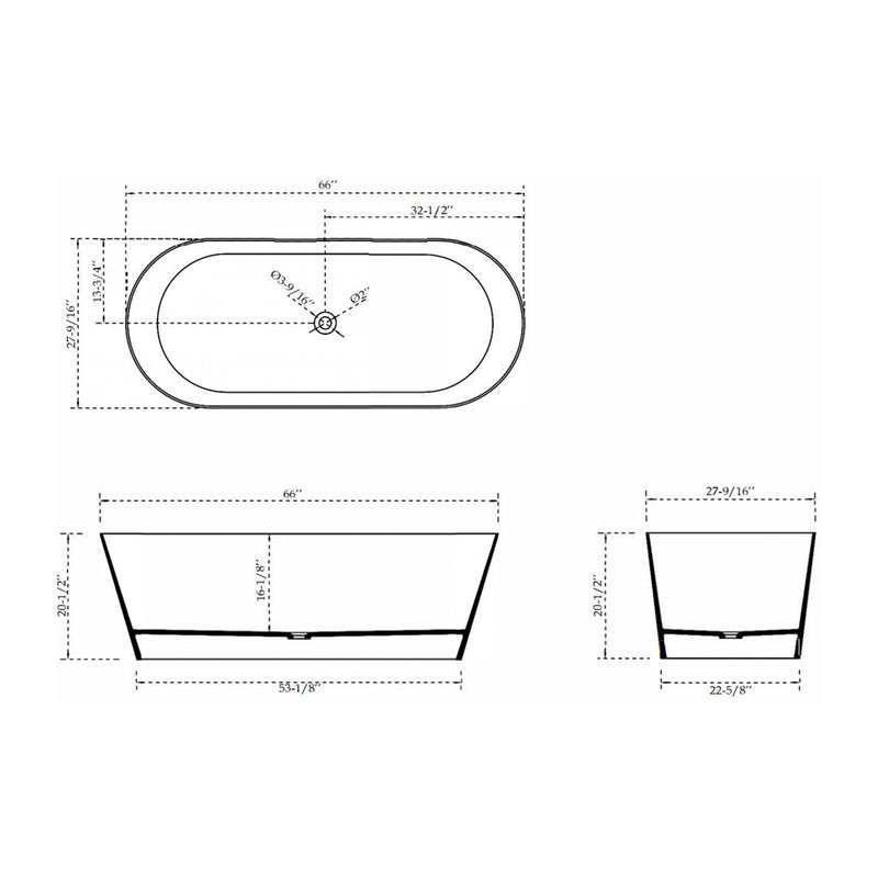 Salerno Bathtub - Free Standing - 66" Solid Surface/Matt White