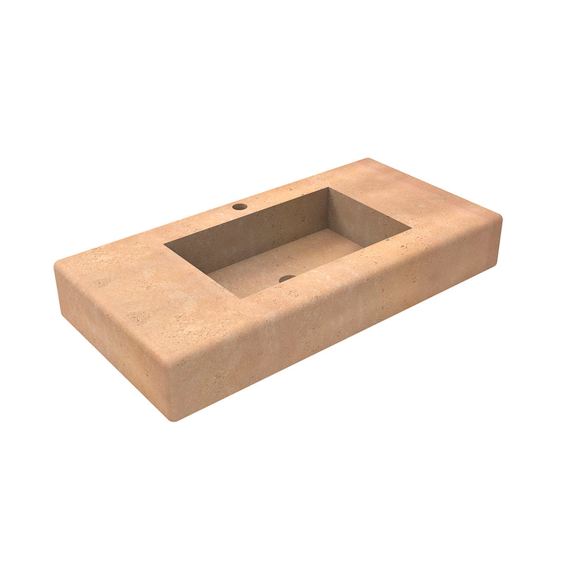 Miami 2 Drawers Bathroom Vanity with Cream Travertine Single Integrated Vanity Sink - Wall Mount - 36" Particle Board Laminated/Teak