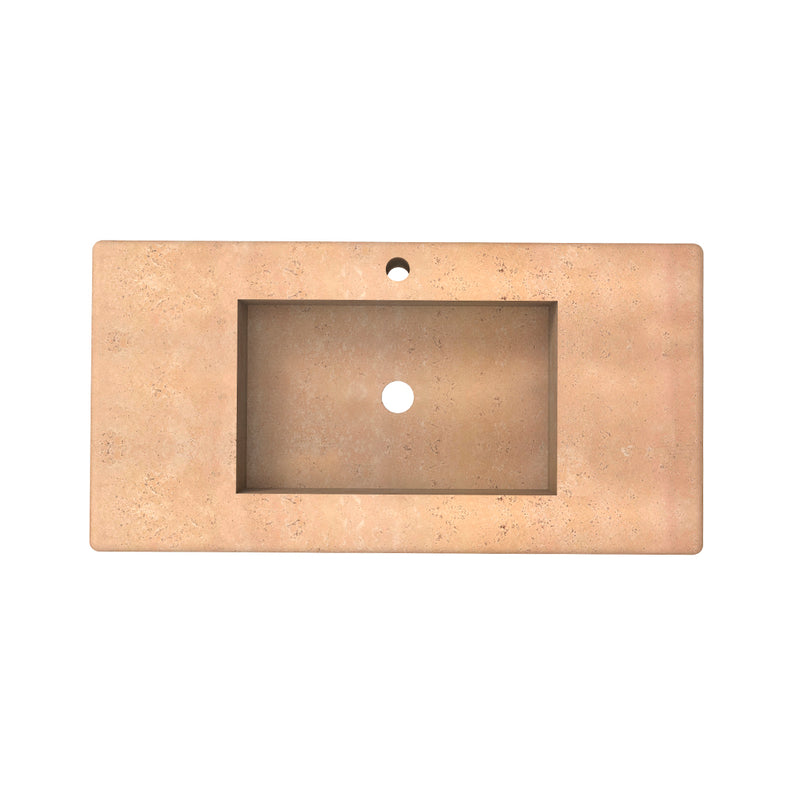 Miami 2 Drawers Bathroom Vanity with Cream Travertine Single Integrated Vanity Sink - Wall Mount - 36" Particle Board Laminated/Teak