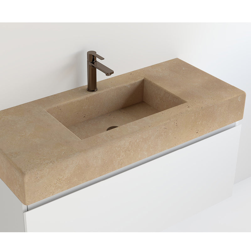Miami 2 Drawers Bathroom Vanity with Cream Travertine Single Integrated Vanity Sink - Wall Mount - 36" Particle Board Laminated/Teak