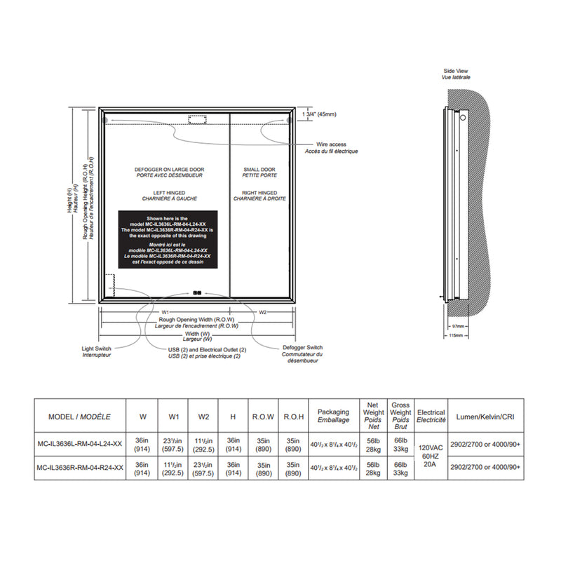 The Illusion 2 Doors Lighted Medicine Cabinet - Recessed Mount - 36W x 36H" Glass/Satin Brass