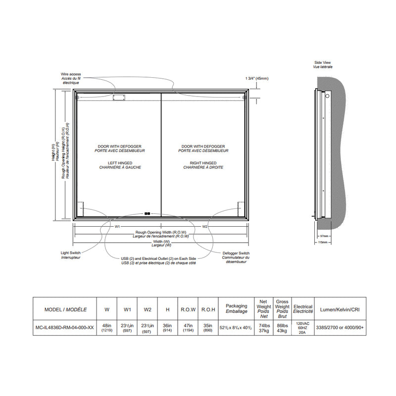 The Illusion 2 Doors Lighted Medicine Cabinet - Recessed Mount - 48W x 36H" Glass/Brushed Nickel