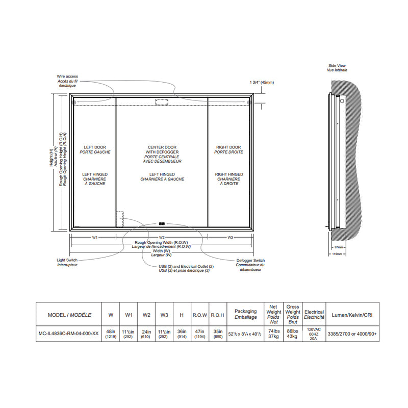 The Illusion 3 Doors Lighted Medicine Cabinet - Recessed Mount - 48W x 36H" Glass/Polished Chrome
