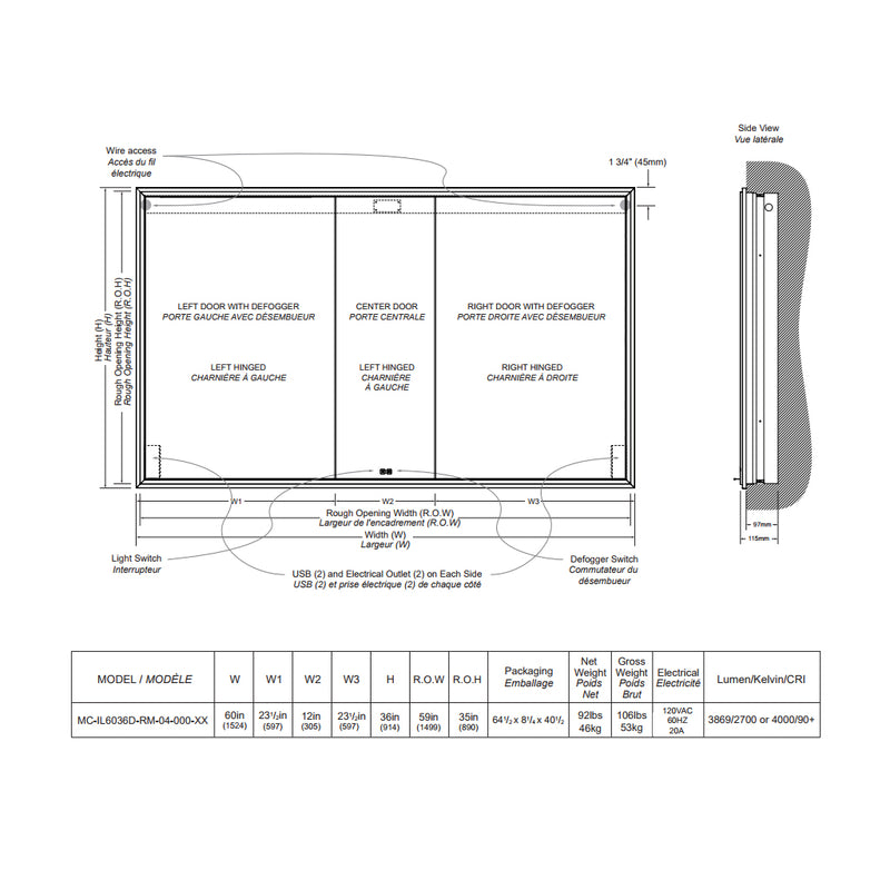 The Illusion 3 Doors Lighted Medicine Cabinet - Recessed Mount - 60W X 36H" Glass/Brushed Nickel