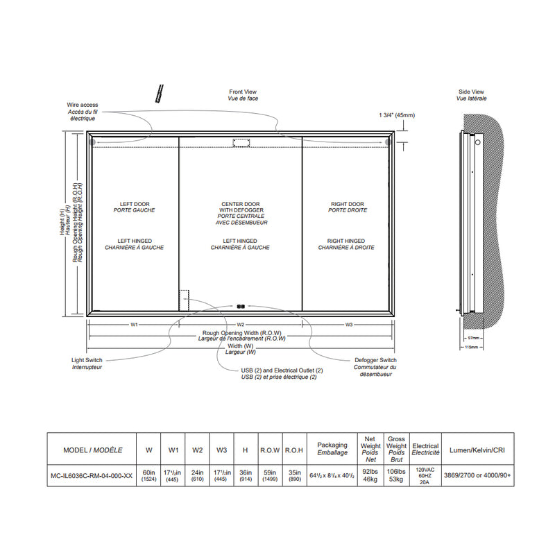 The Illusion 3 Doors Lighted Medicine Cabinet - Recessed Mount - 60W x 36H" Glass/Brushed Nickel